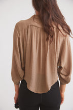 Lee | Mandarin Collar Button Blouse | Toasted Almond