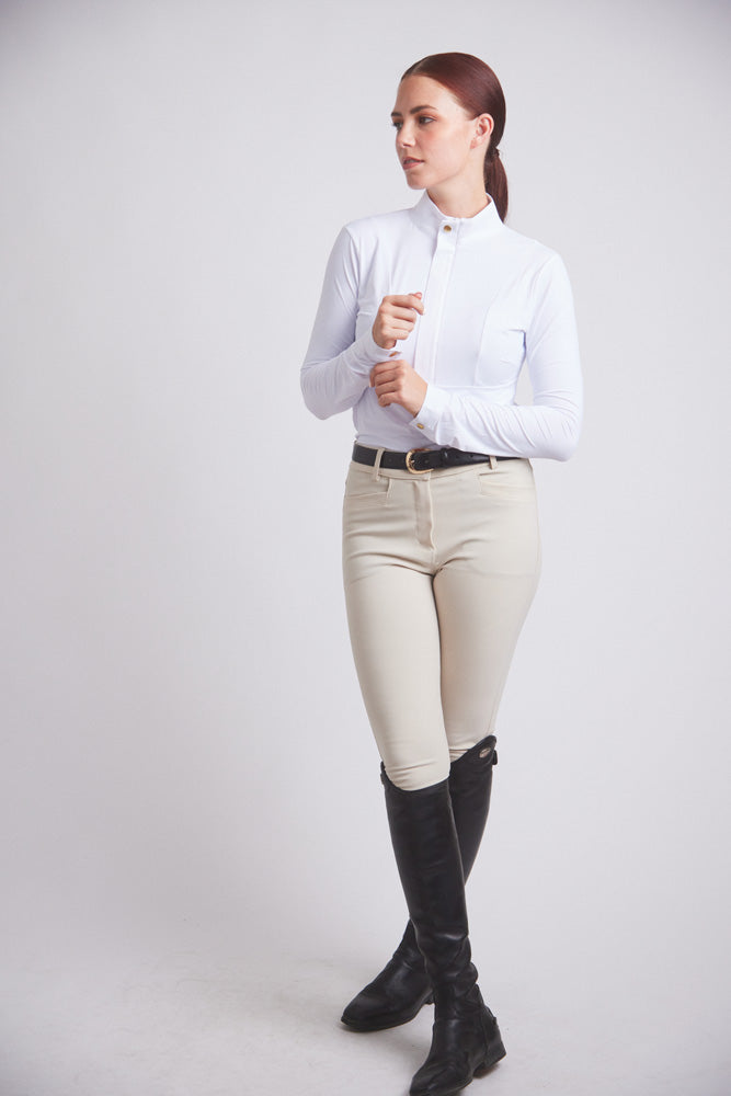 Katie | Long Sleeve Zip-Up Riding Top | Bright White Chrome