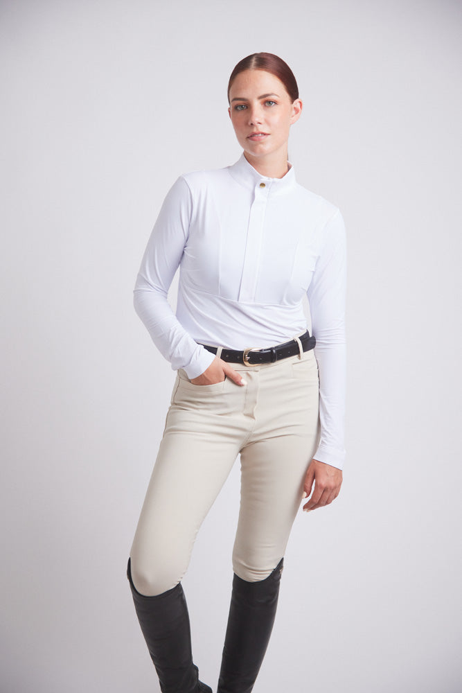 Katie | Long Sleeve Zip-Up Riding Top | Bright White Chrome