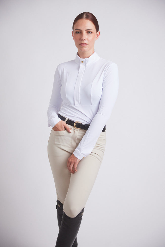 Katie | Long Sleeve Zip-Up Riding Top | Bright White Chrome