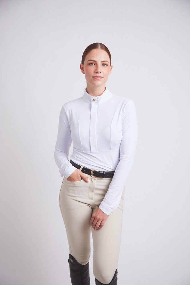 Katie | Long Sleeve Zip-Up Riding Top | Bright White Chrome