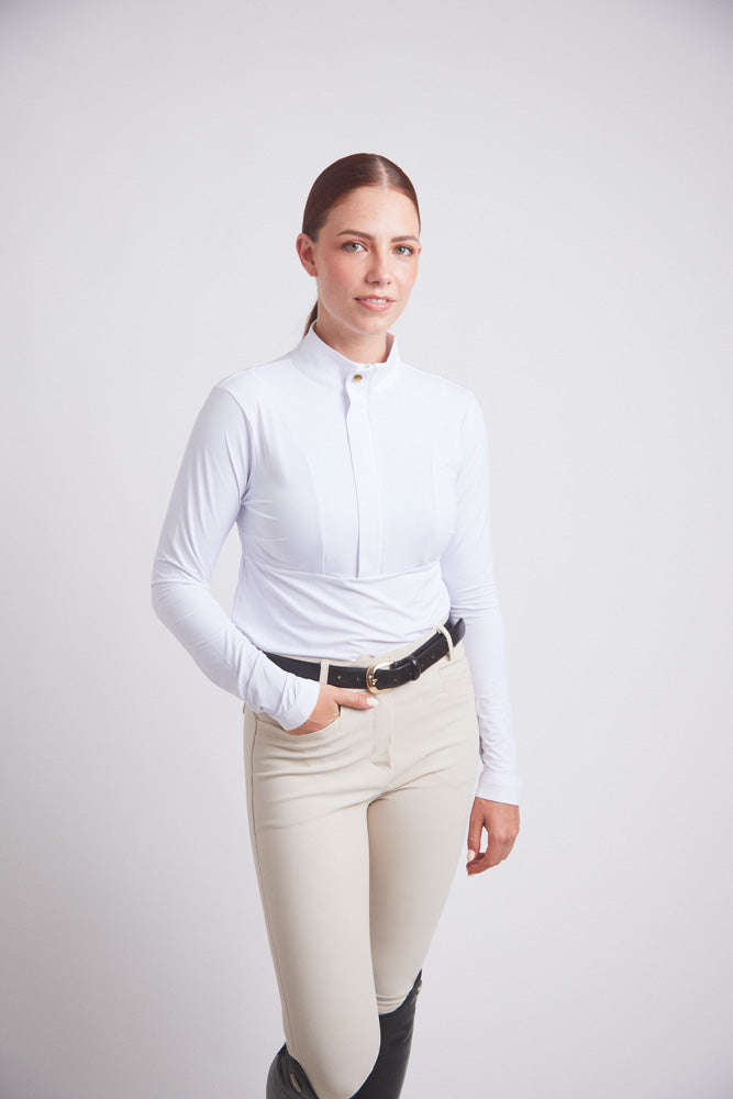 Katie | Long Sleeve Zip-Up Riding Top | Bright White Chrome
