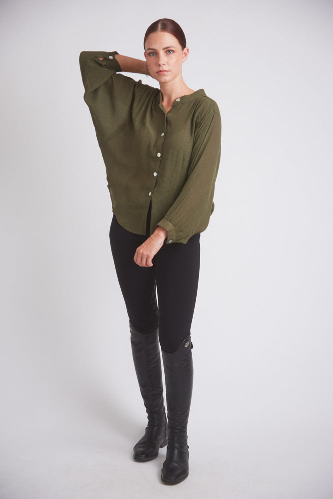Lee | Mandarin Collar Button Blouse | Moss Green