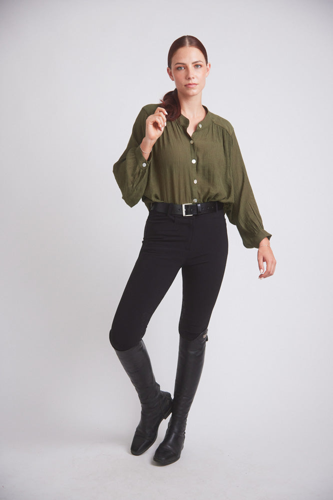 Lee | Mandarin Collar Button Blouse | Moss Green