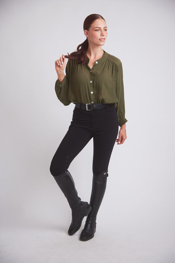 Lee | Mandarin Collar Button Blouse | Moss Green