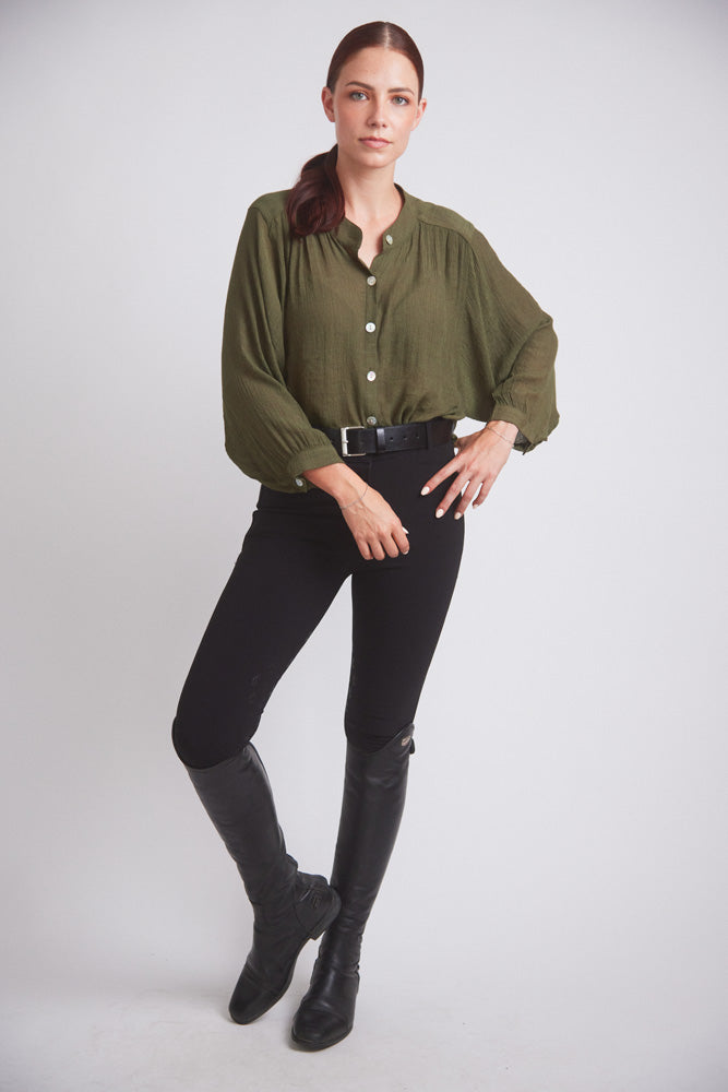 Lee | Mandarin Collar Button Blouse | Moss Green