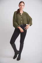 Lee | Mandarin Collar Button Blouse | Moss Green