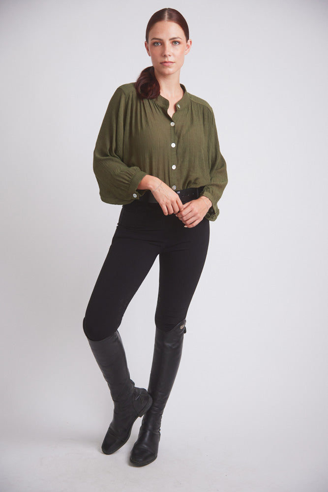 Lee | Mandarin Collar Button Blouse | Moss Green Solid Citizen Equestrian Lee | Mandarin Collar Button Blouse | Moss Green Solid Citizen Equestrian