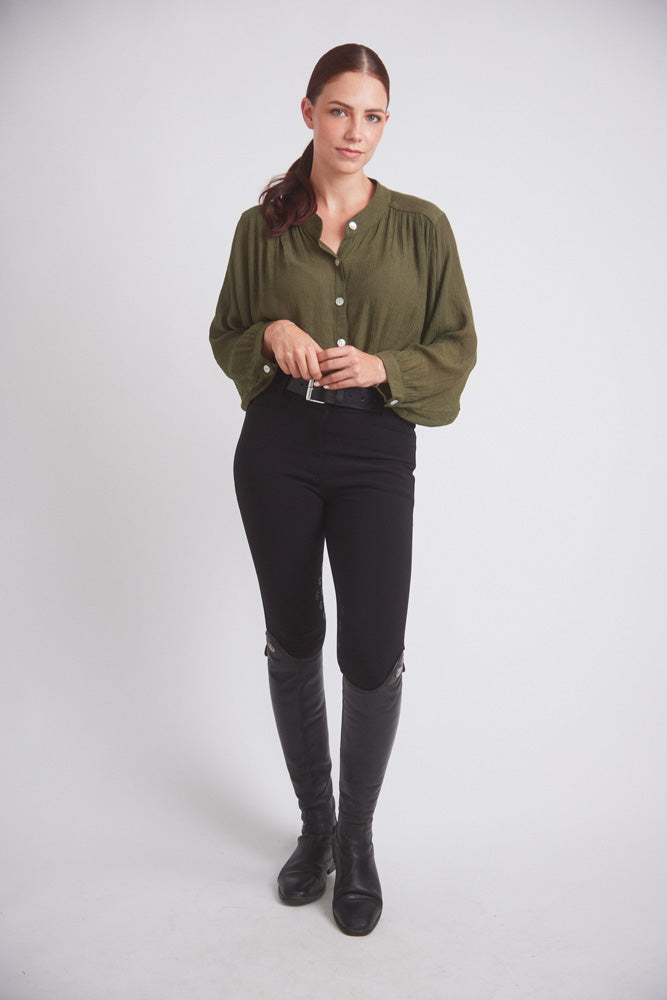 Lee | Mandarin Collar Button Blouse | Moss Green