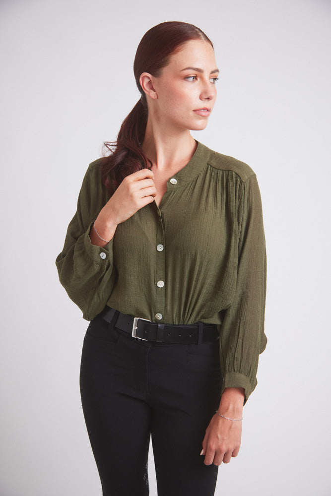 Lee | Mandarin Collar Button Blouse | Moss Green