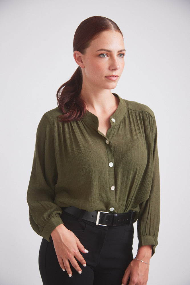 Lee | Mandarin Collar Button Blouse | Moss Green Solid Citizen Equestrian Lee | Mandarin Collar Button Blouse | Moss Green Solid Citizen Equestrian