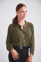Lee | Mandarin Collar Button Blouse | Moss Green