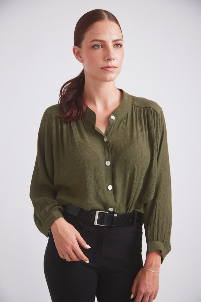 Lee | Mandarin Collar Button Blouse | Moss Green Solid Citizen Equestrian Lee | Mandarin Collar Button Blouse | Moss Green Solid Citizen Equestrian