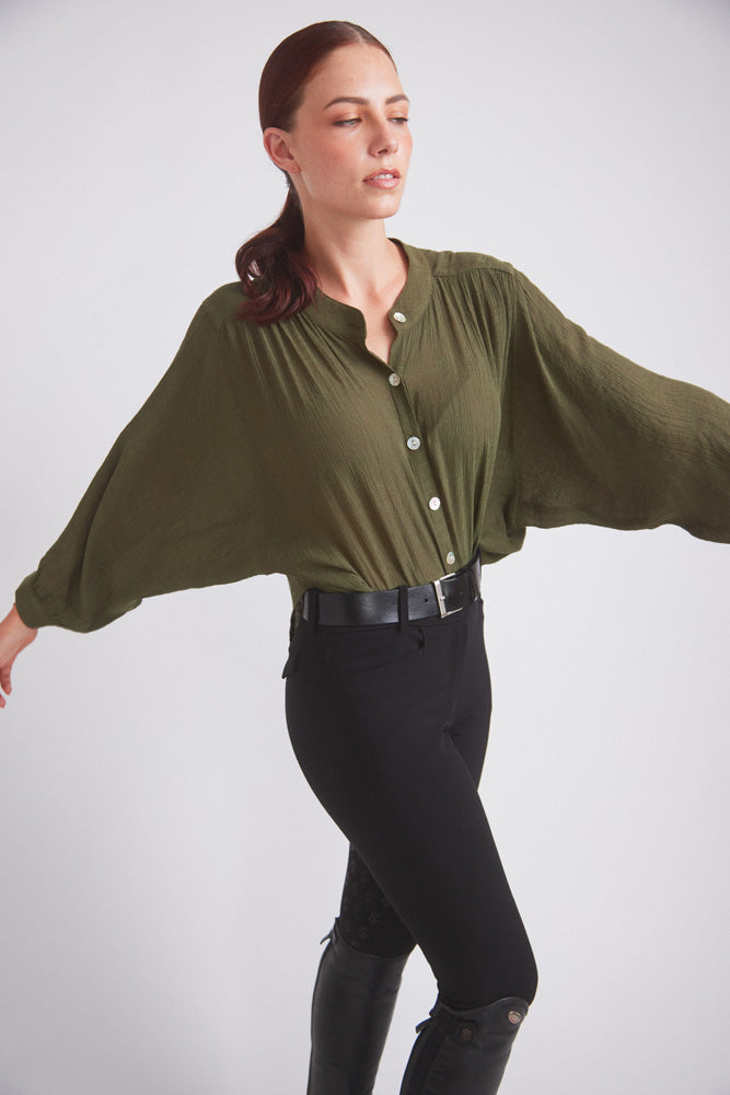 Lee | Mandarin Collar Button Blouse | Moss Green