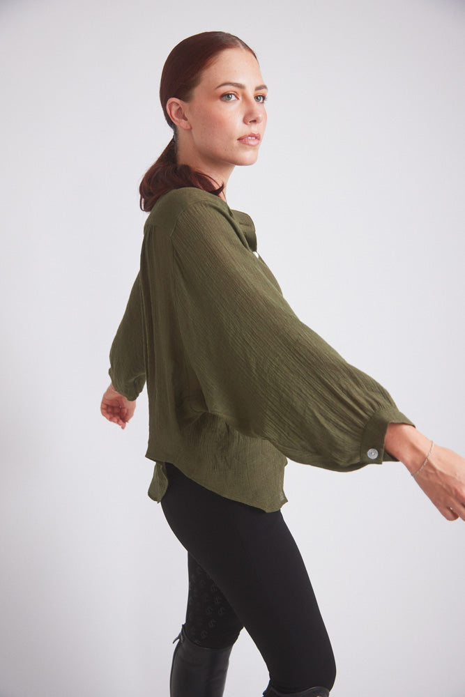Lee | Mandarin Collar Button Blouse | Moss Green