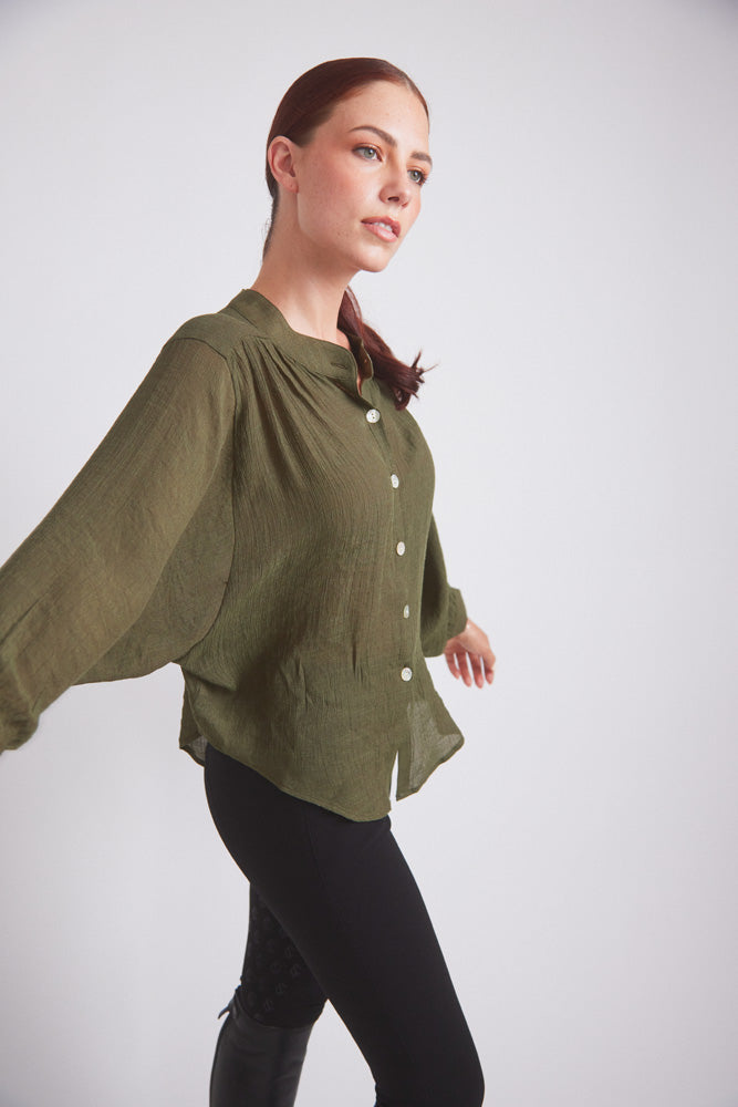 Lee | Mandarin Collar Button Blouse | Moss Green