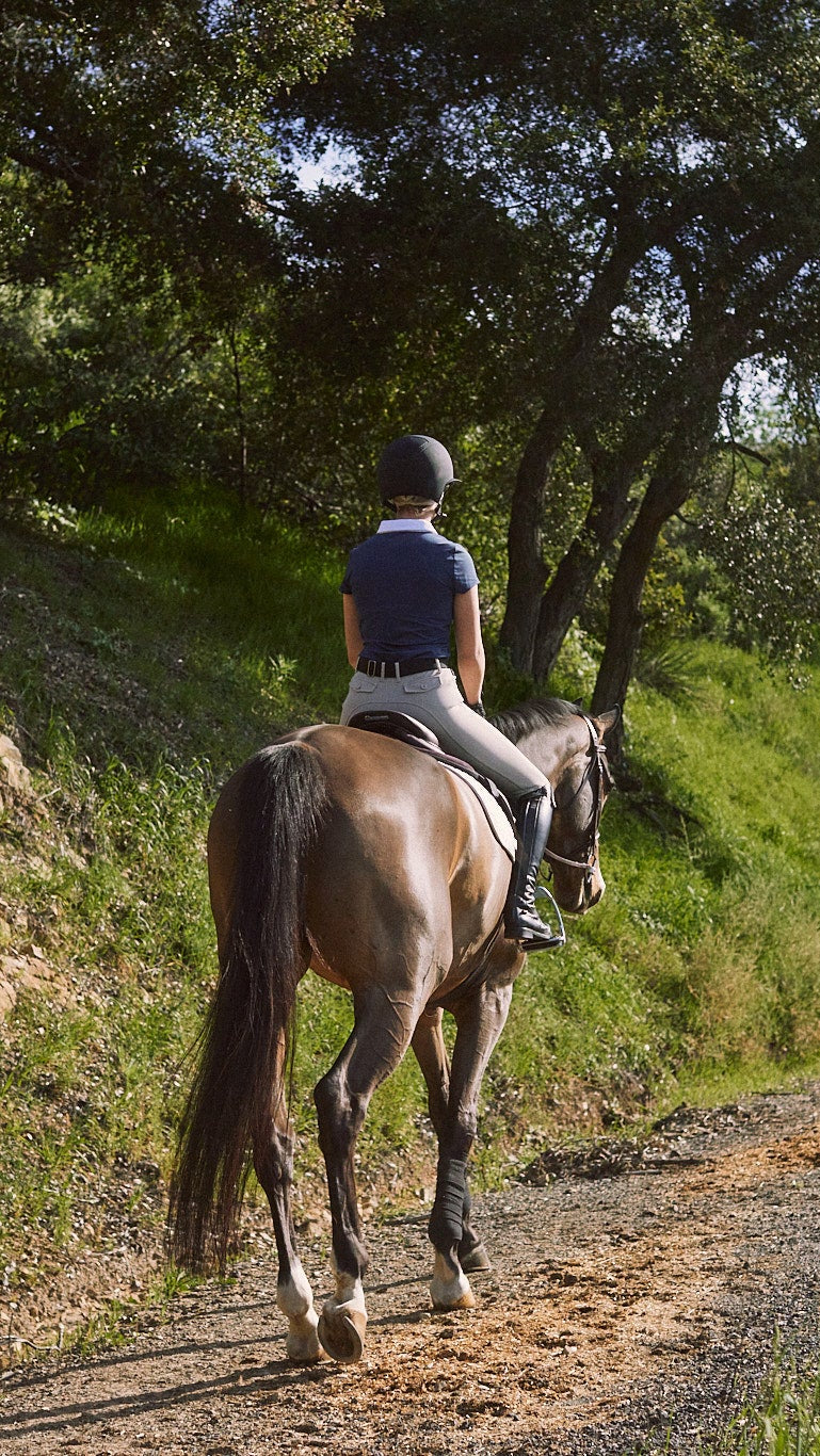 Person riding a horse on a dirt path surrounded by greenery