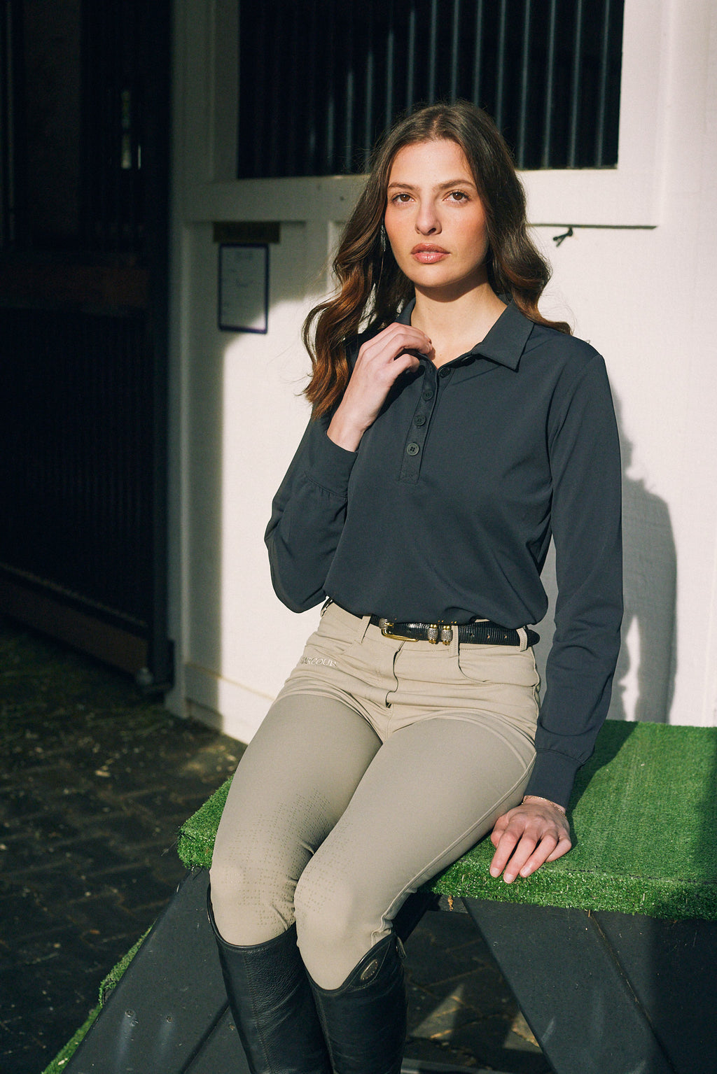 Kelly | Technical Sport Pique | Recycled Nylon | Long Sleeve Polo | Black