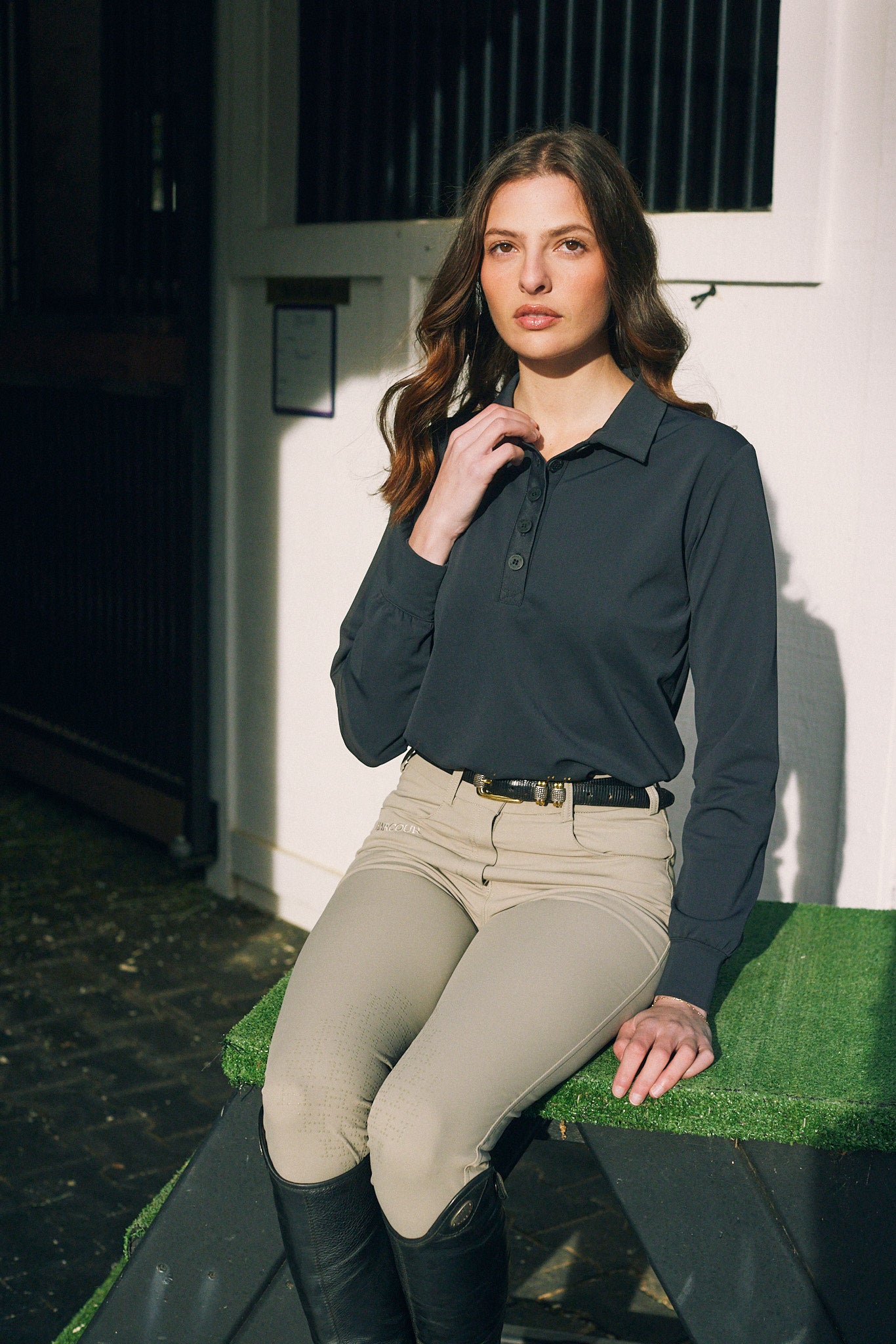 Kelly | Technical Sport Pique | Recycled Nylon | Long Sleeve Polo | Black