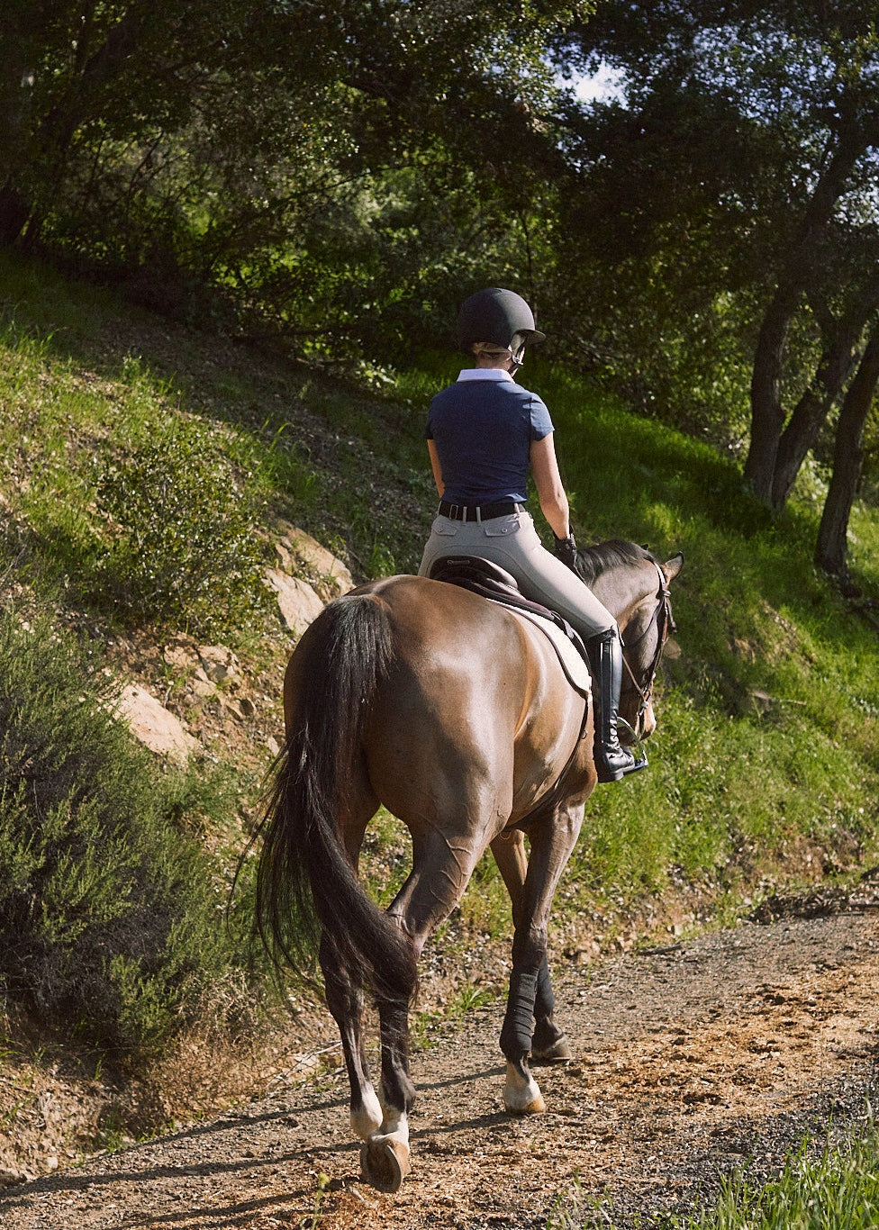 Person riding a horse on a dirt path surrounded by greenery